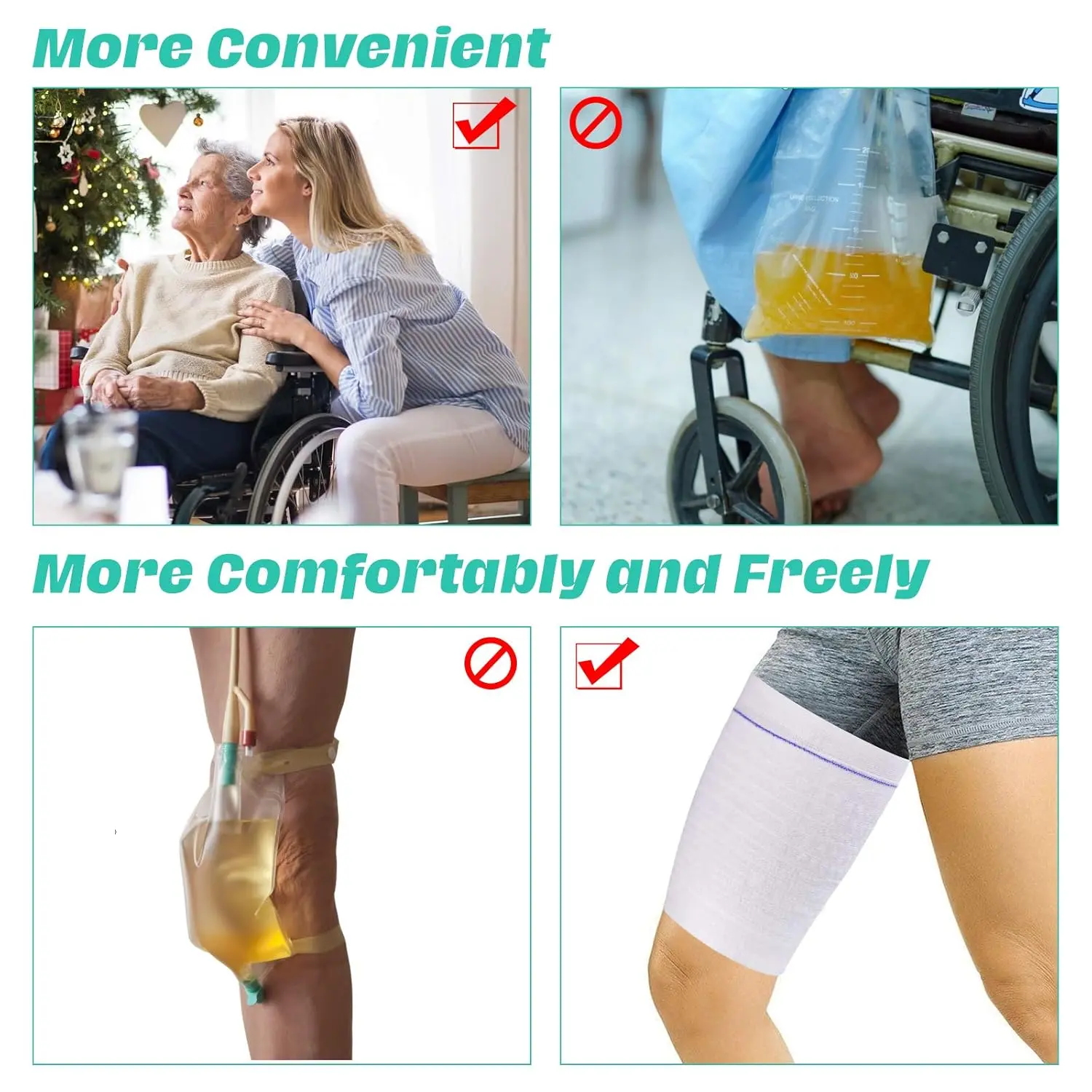 Comfortable catheter leg bag holder and urine sleeve provides discreet urinary drainage and washable incontinence supplies for men and women.