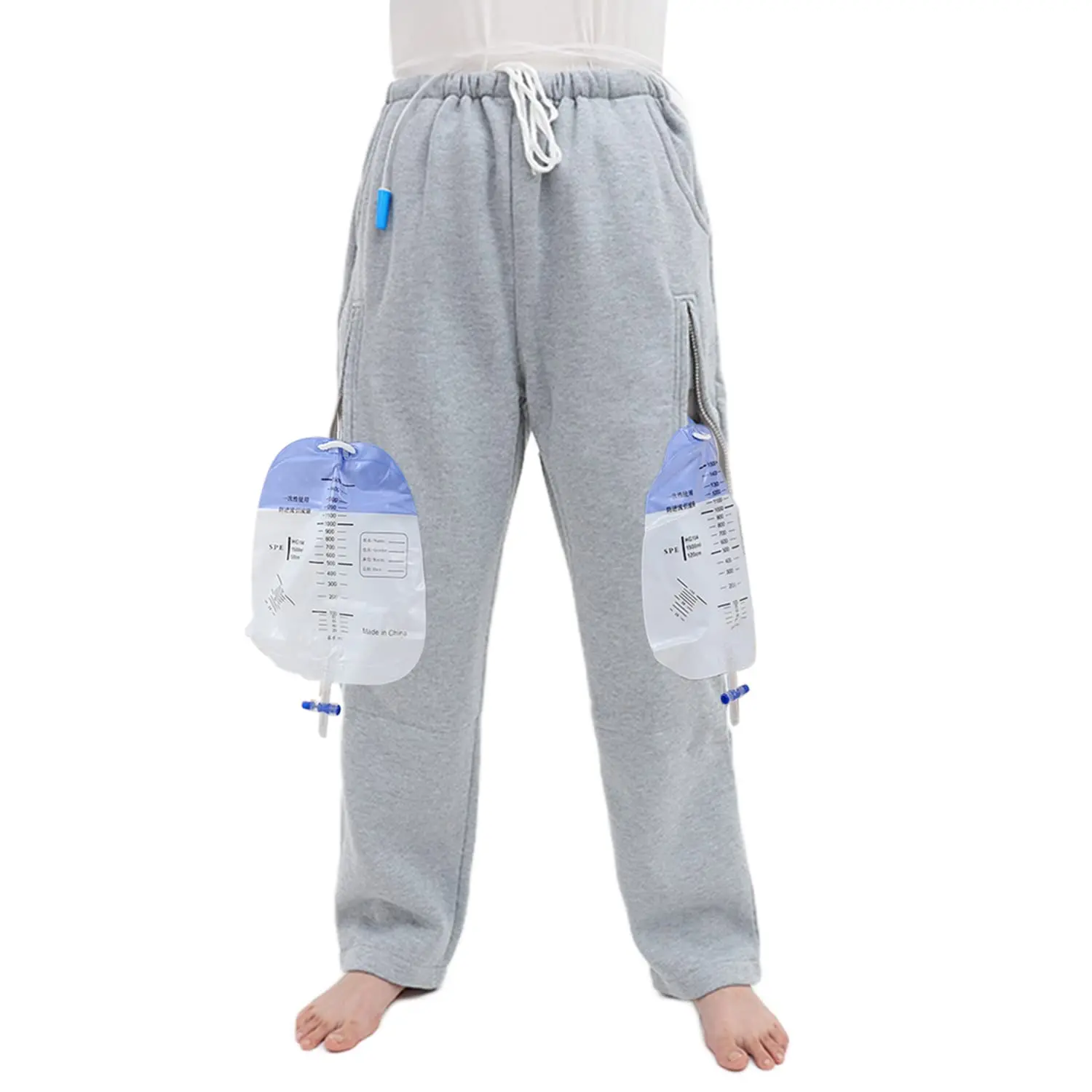 Discreet catheter leg bag pants designed to hold two 2000ml urine drainage bags for foley, suprapubic, biliary, or nephrostomy catheters, offering comfort and privacy.