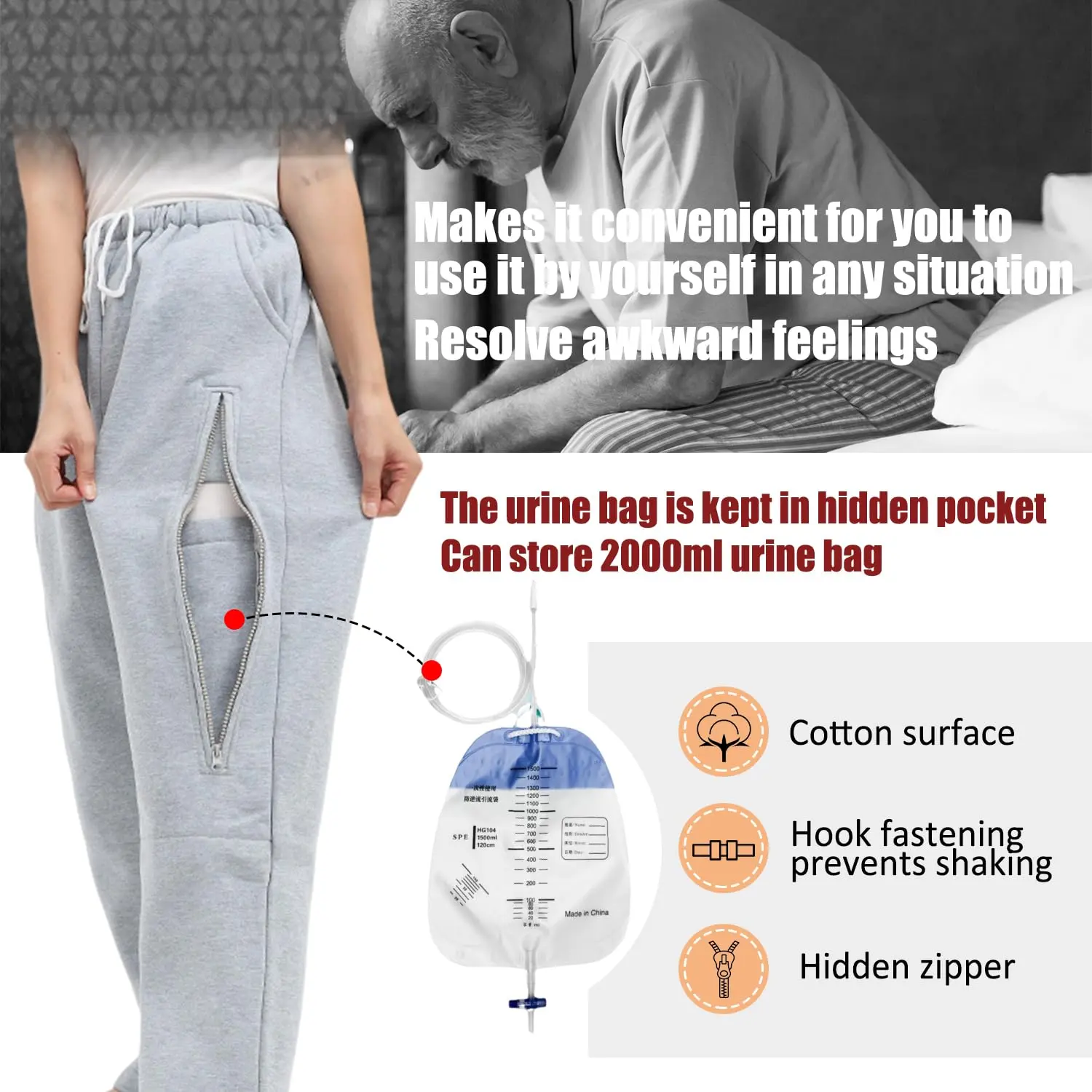 Discreet catheter leg bag pants designed to hold two 2000ml urine drainage bags for foley, suprapubic, biliary, or nephrostomy catheters, offering comfort and privacy.
