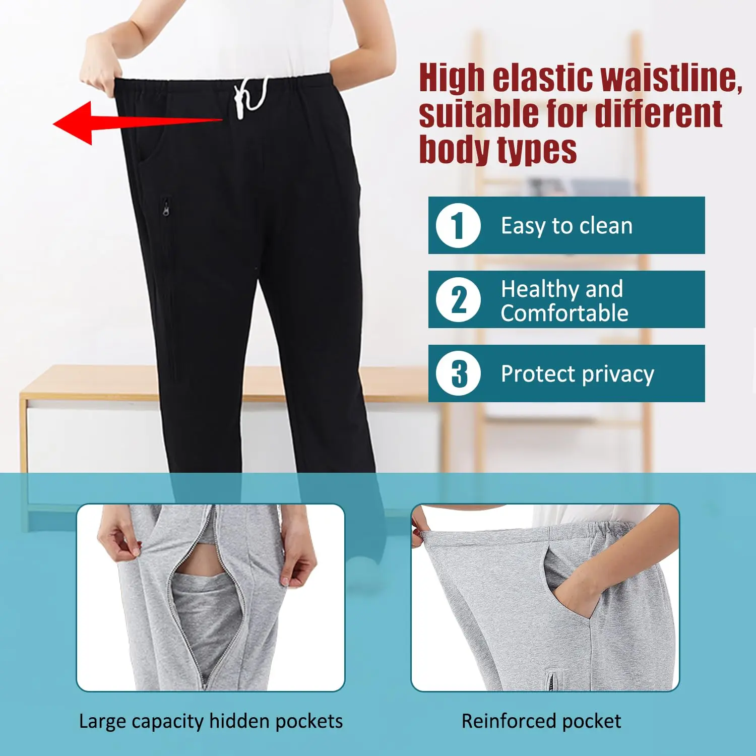 Discreet catheter leg bag pants designed to hold two 2000ml urine drainage bags for foley, suprapubic, biliary, or nephrostomy catheters, offering comfort and privacy.