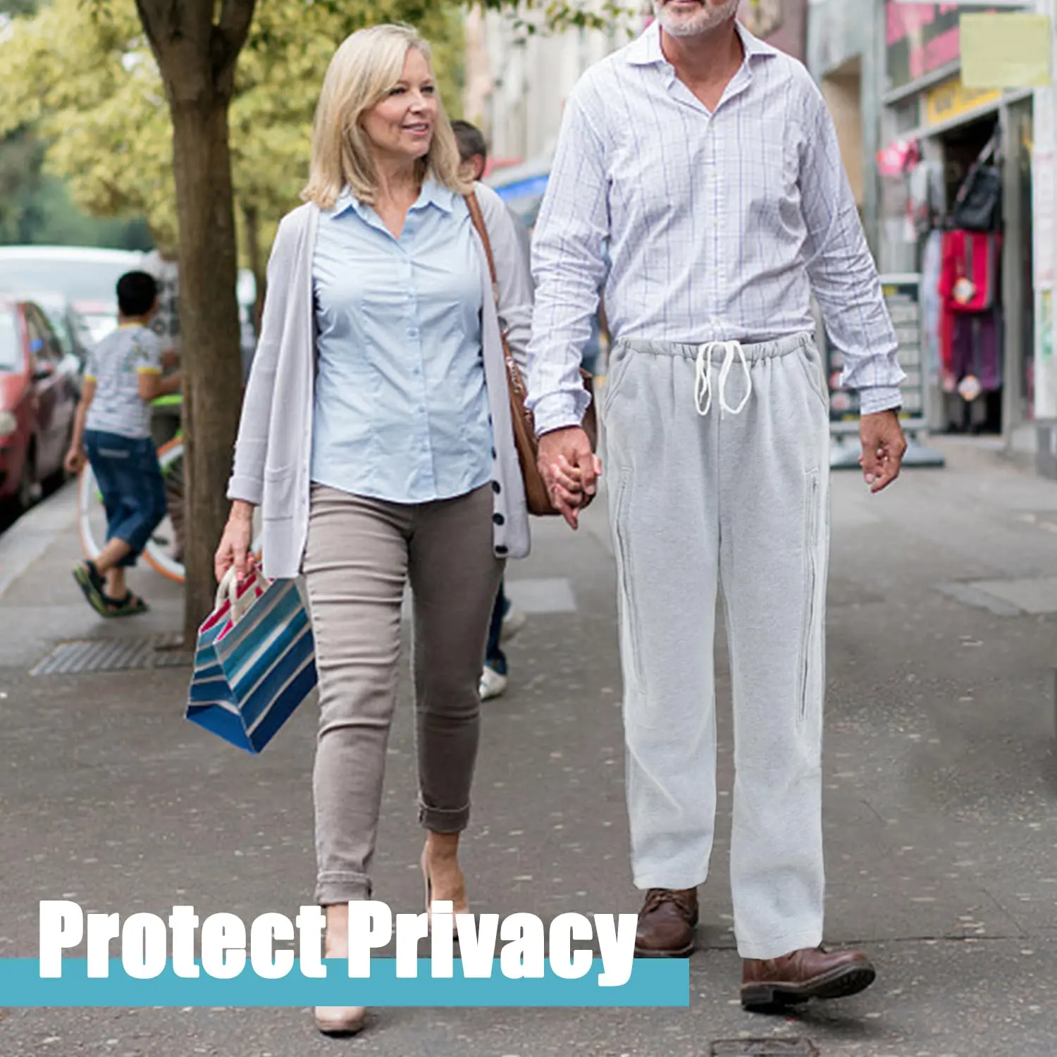 Discreet catheter leg bag pants designed to hold two 2000ml urine drainage bags for foley, suprapubic, biliary, or nephrostomy catheters, offering comfort and privacy.