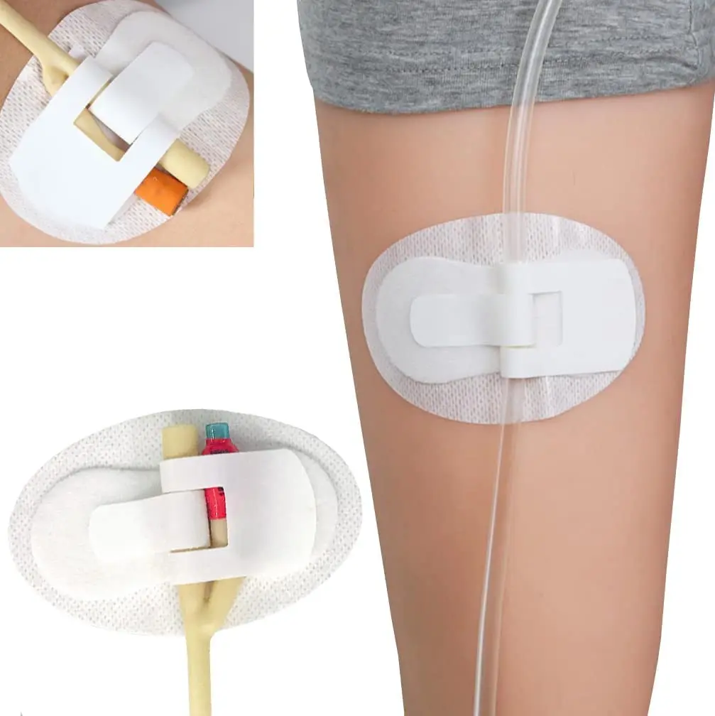 Pack of ten catheter leg band holders designed to securely stabilize both silicone and latex catheters, featuring a comfortable, skin-friendly pad with hypoallergenic adhesive.