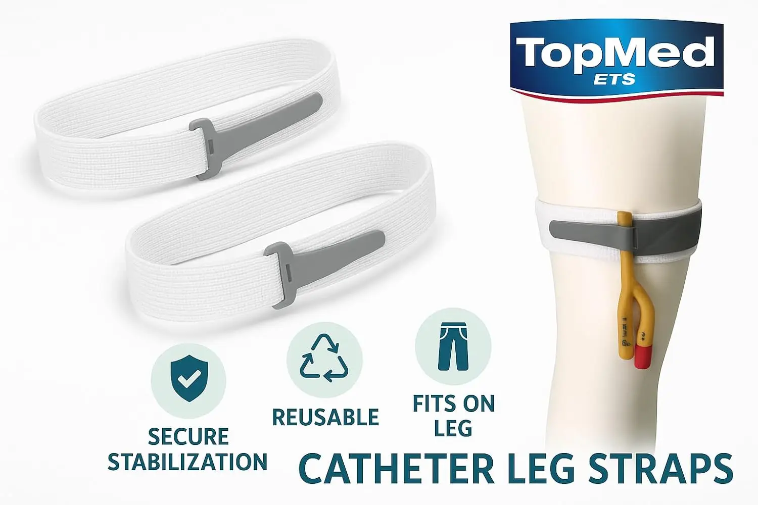 This pack of four TopMed ETS catheter leg straps provides secure and comfortable catheter stabilization with anti-slip silicone grip and adjustable reusable buckles.