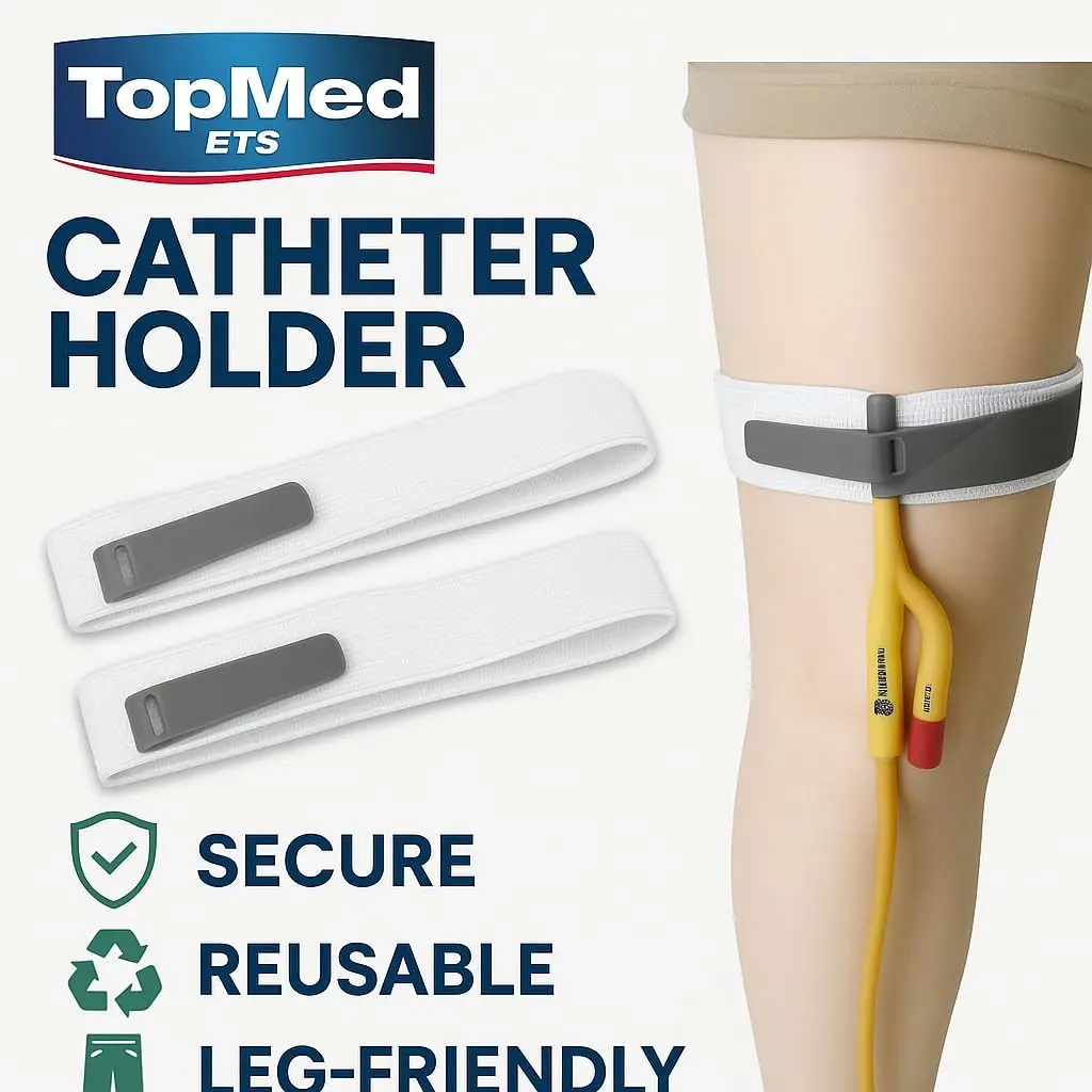This pack of four TopMed ETS catheter leg straps provides secure and comfortable catheter stabilization with anti-slip silicone grip and adjustable reusable buckles.