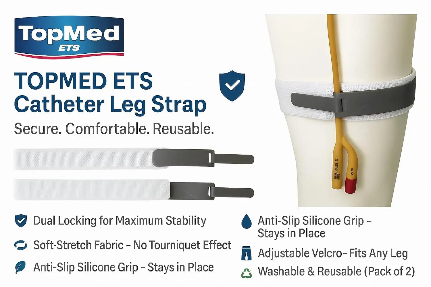 This pack of four TopMed ETS catheter leg straps provides secure and comfortable catheter stabilization with anti-slip silicone grip and adjustable reusable buckles.