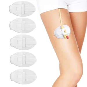 Secure and discreet catheter leg strap with adhesive pad, designed for urinary incontinence and comfortable mobility under clothing.