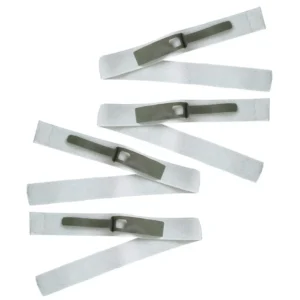 Four white adjustable catheter leg strap holders secure urinary drainage bags, eliminating pins and tape to prevent skin irritation and accidental pull-out for patients with urinary incontinence.