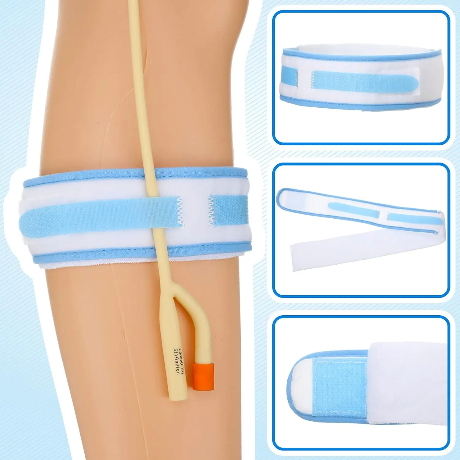 Comfortable and adjustable catheter leg strap holder secures the urinary drainage bag, preventing slipping and providing stability for men and women.