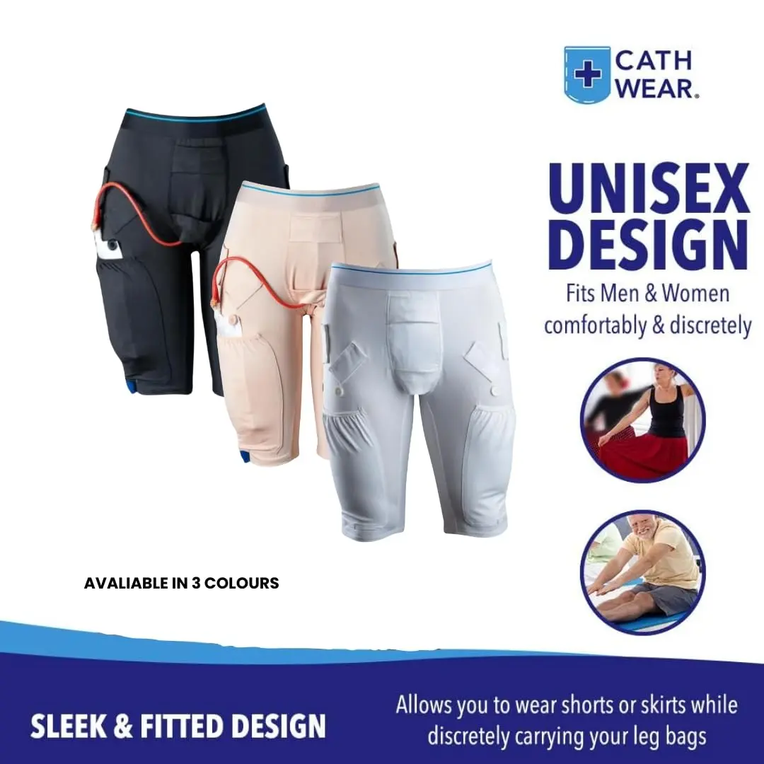 Black catheter underwear designed to discretely hold two 600ml leg bags, compatible with Foley, Nephrostomy, Suprapubic and Biliary catheters.