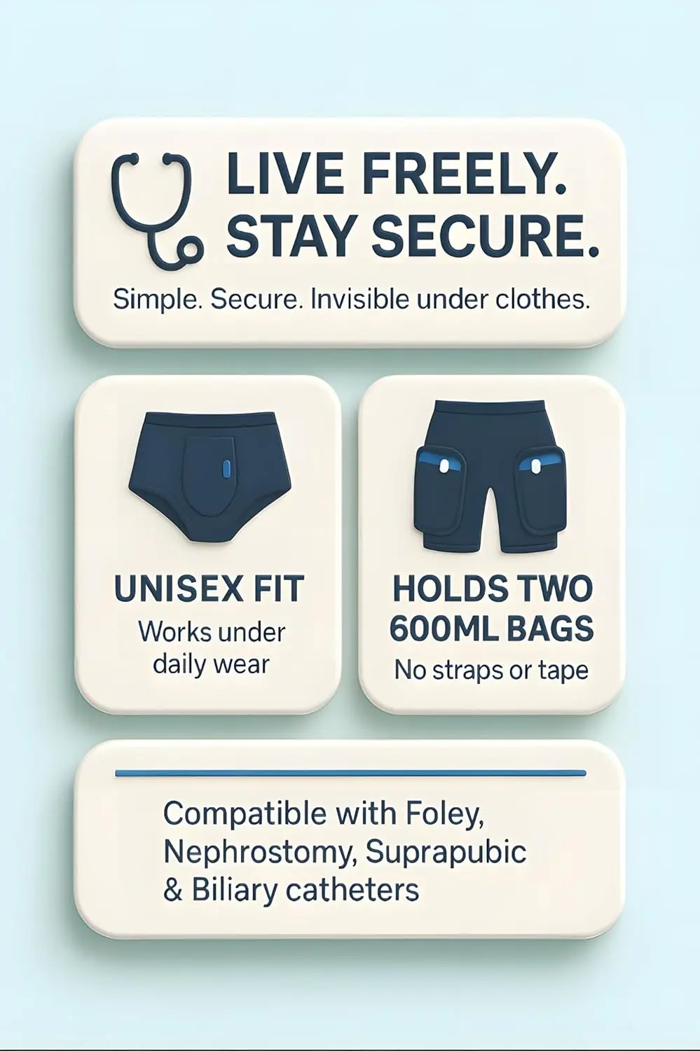 Black catheter underwear designed to discretely hold two 600ml leg bags, compatible with Foley, Nephrostomy, Suprapubic and Biliary catheters.