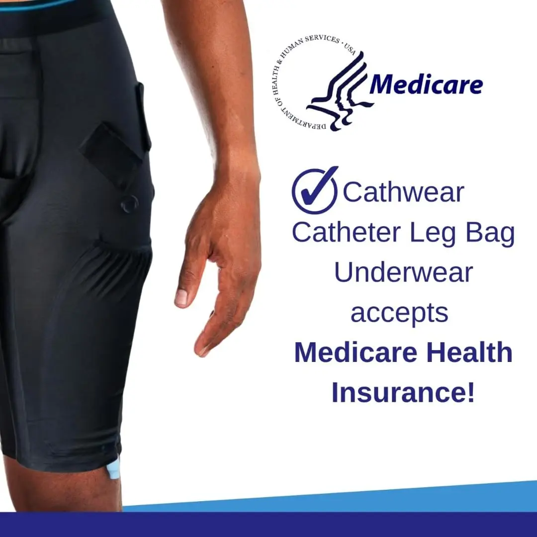 Black catheter underwear designed to discretely hold two 600ml leg bags, compatible with Foley, Nephrostomy, Suprapubic and Biliary catheters.