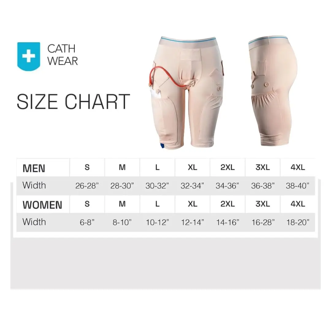 Black catheter underwear designed to discretely hold two 600ml leg bags, compatible with Foley, Nephrostomy, Suprapubic and Biliary catheters.