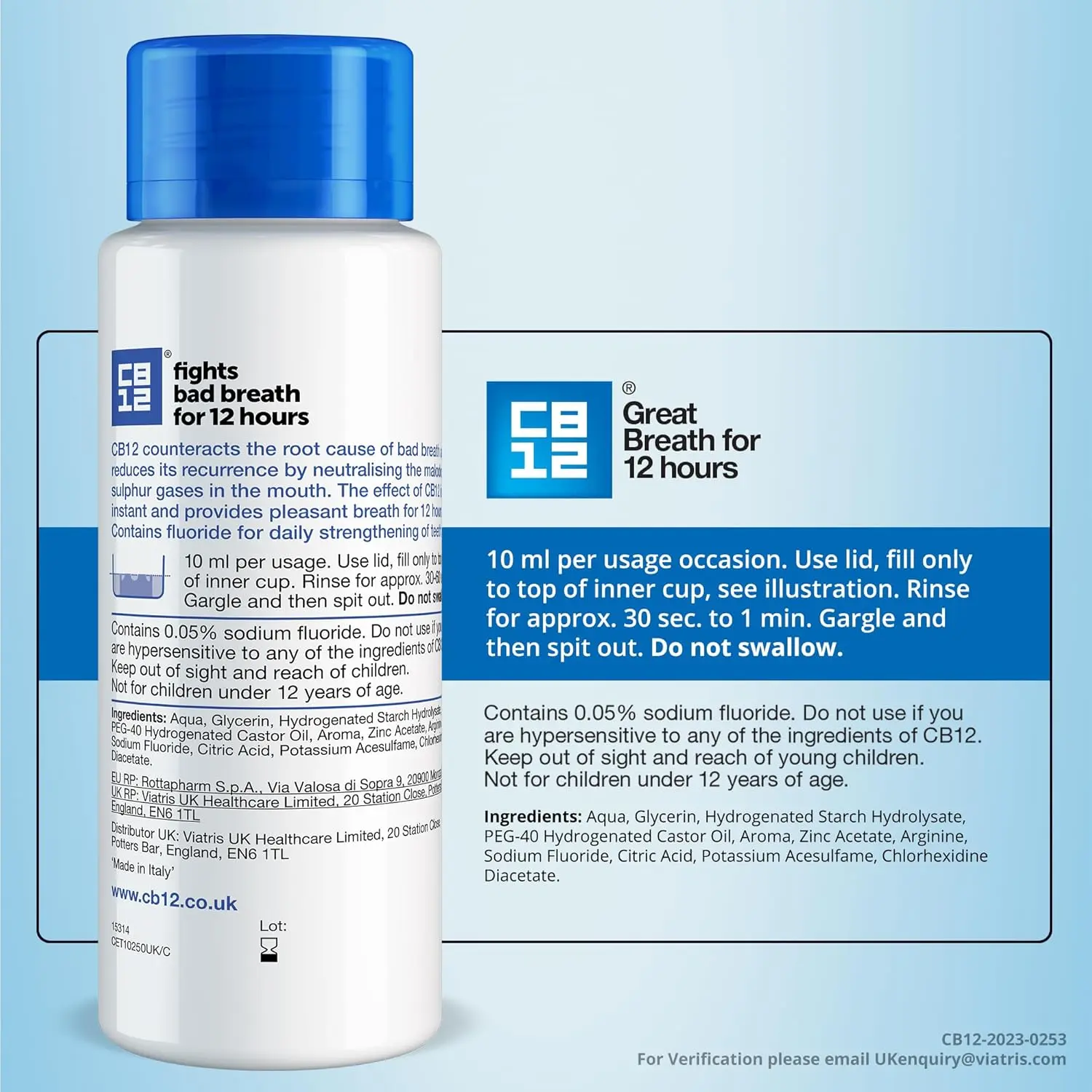 CB12 mouthwash provides 12-hour fresh breath protection, neutralizes bad breath with a fluoride formula, and prevents sulphur gases.