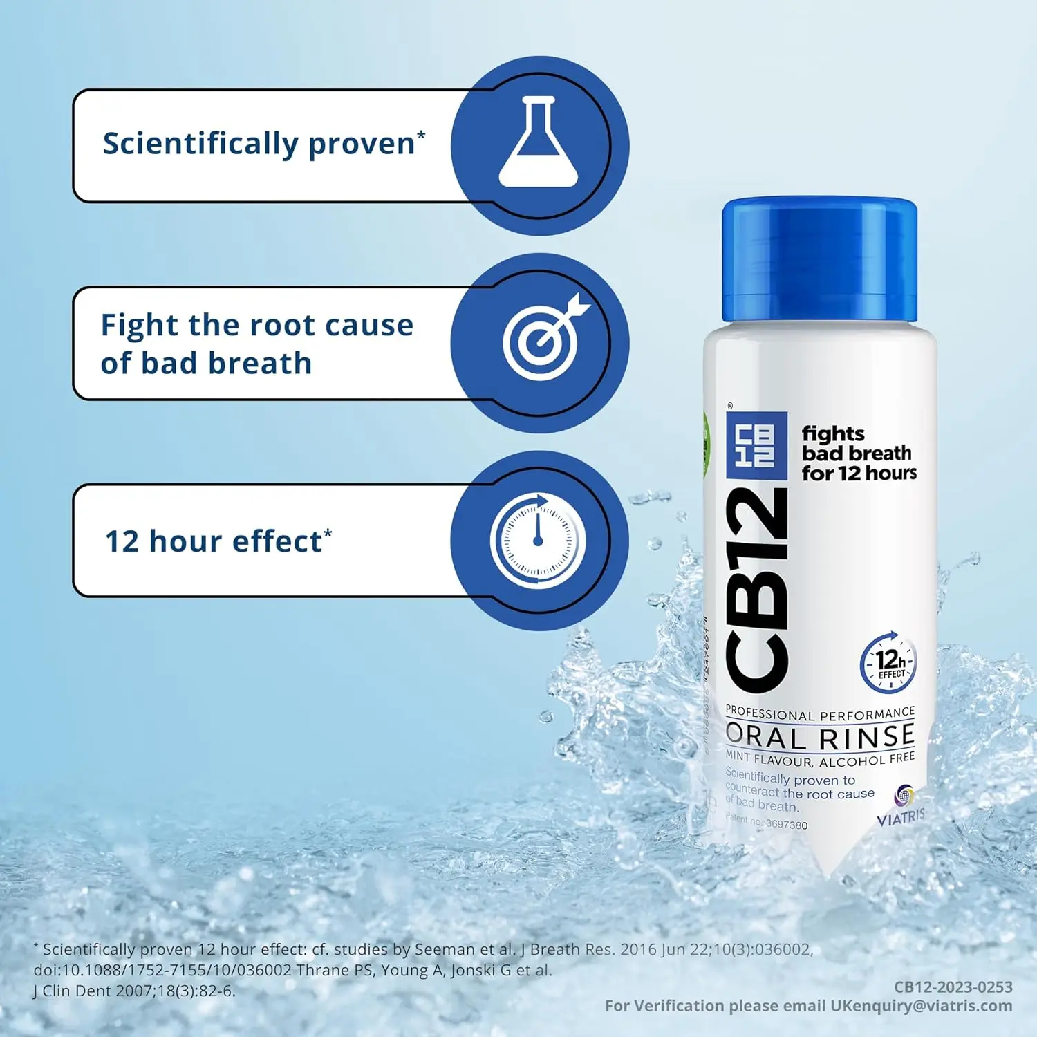 CB12 mouthwash provides 12-hour fresh breath protection, neutralizes bad breath with a fluoride formula, and prevents sulphur gases.