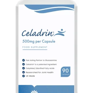 90 Celadrin 500mg capsules, a vegan-friendly joint care supplement made in the UK, providing fast-acting relief for muscle and joint pain.