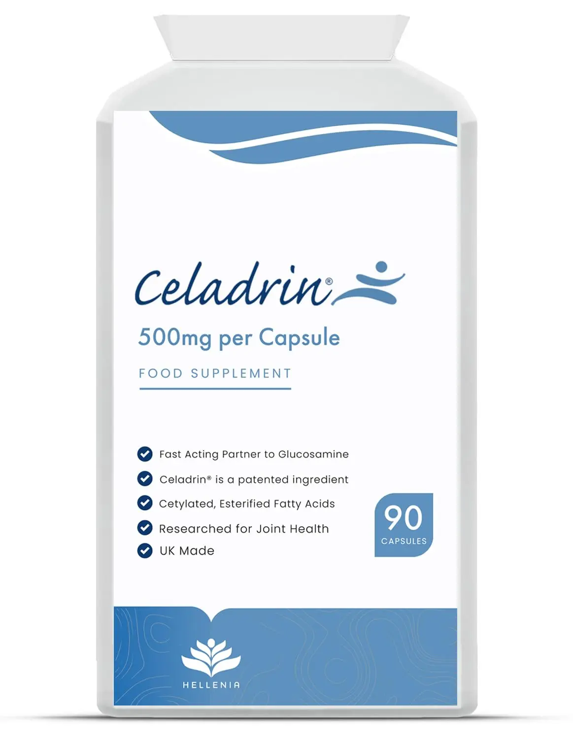 90 Celadrin 500mg capsules, a vegan-friendly joint care supplement made in the UK, providing fast-acting relief for muscle and joint pain.