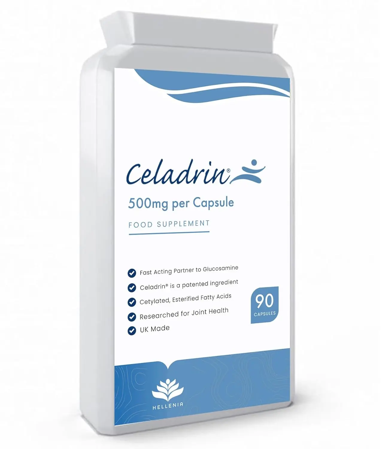 90 Celadrin 500mg capsules, a vegan-friendly joint care supplement made in the UK, providing fast-acting relief for muscle and joint pain.