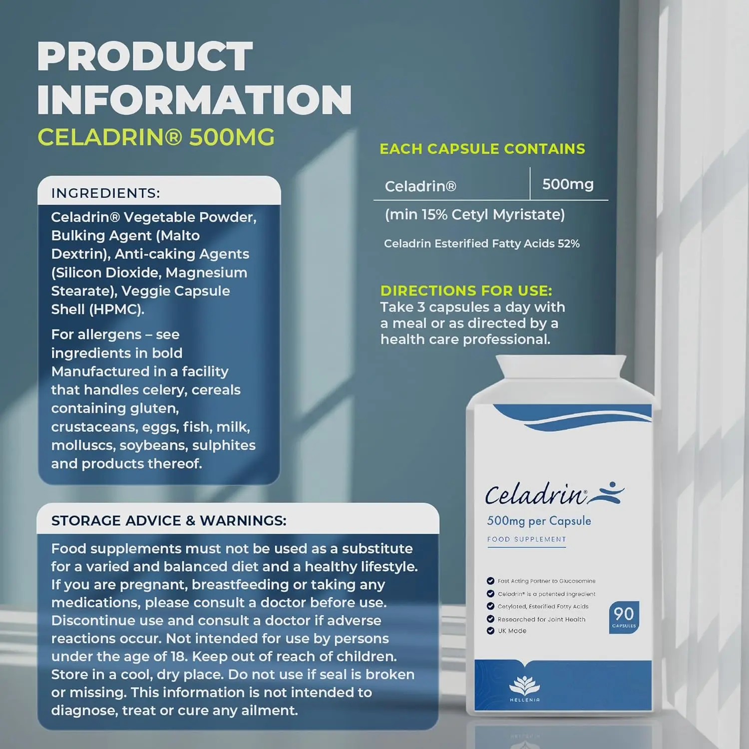 90 Celadrin 500mg capsules, a vegan-friendly joint care supplement made in the UK, providing fast-acting relief for muscle and joint pain.