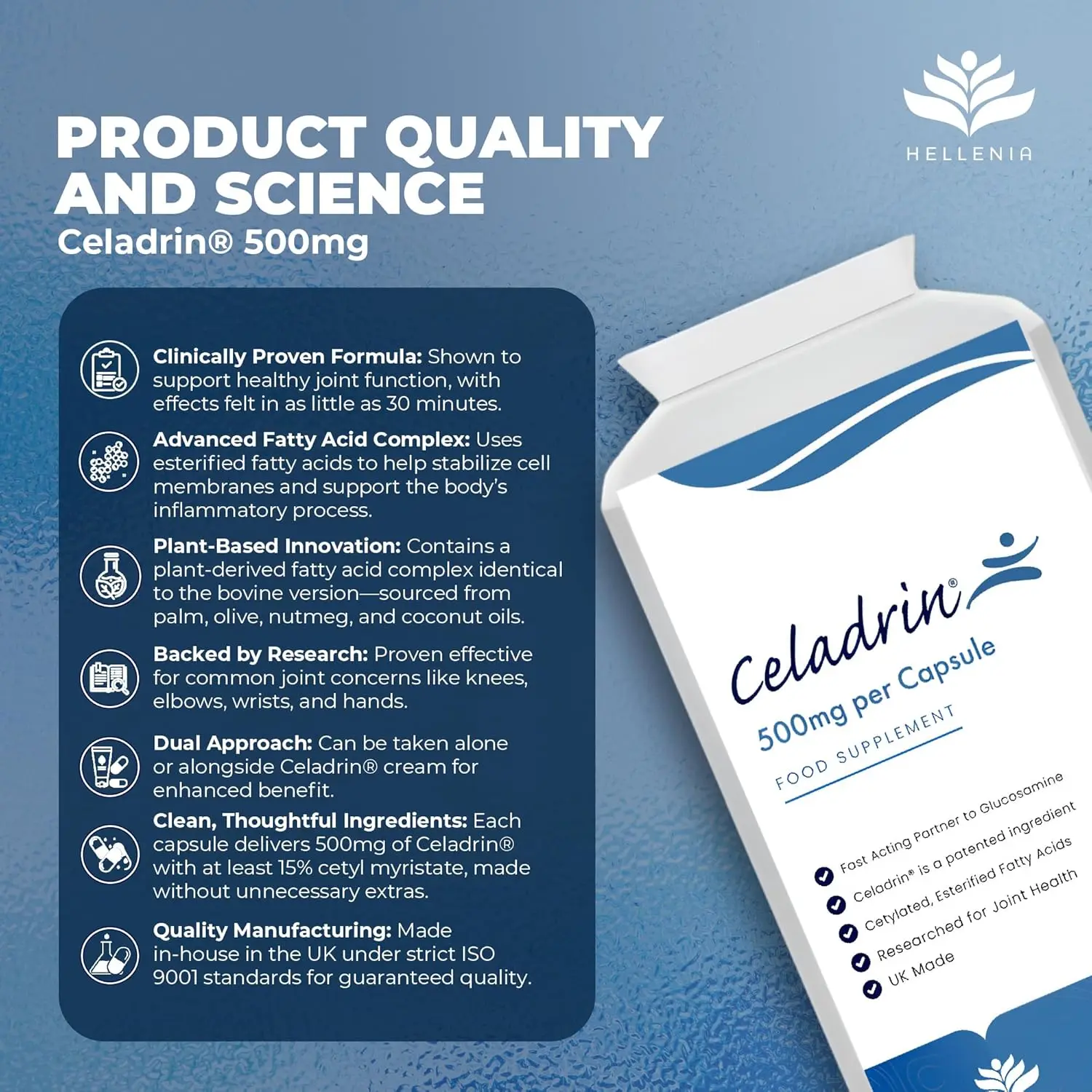 90 Celadrin 500mg capsules, a vegan-friendly joint care supplement made in the UK, providing fast-acting relief for muscle and joint pain.