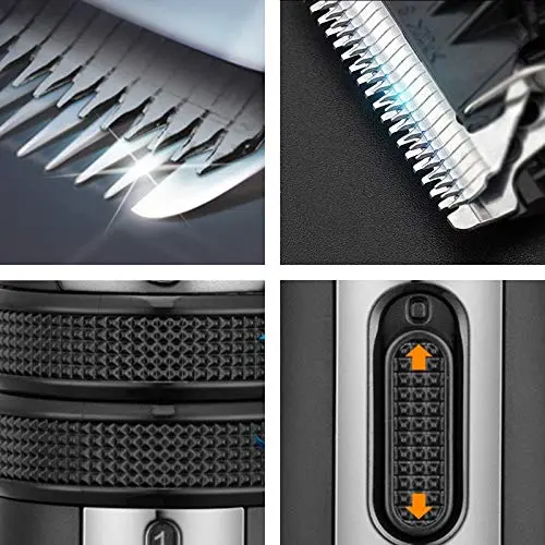 Electric hair clipper with ceramic and titanium alloy blade, rechargeable via USB for haircuts and styling.