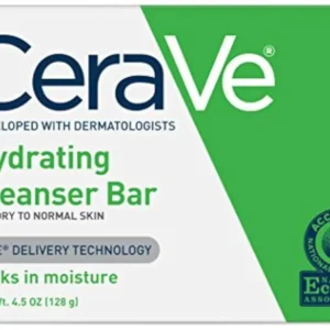 A single bar of CeraVe Hydrating Cleanser is shown, a soap-free and fragrance-free cleanser formulated with ceramides and 5% moisturizing cream to hydrate and restore the skin's natural barrier on the face, body, and hands.