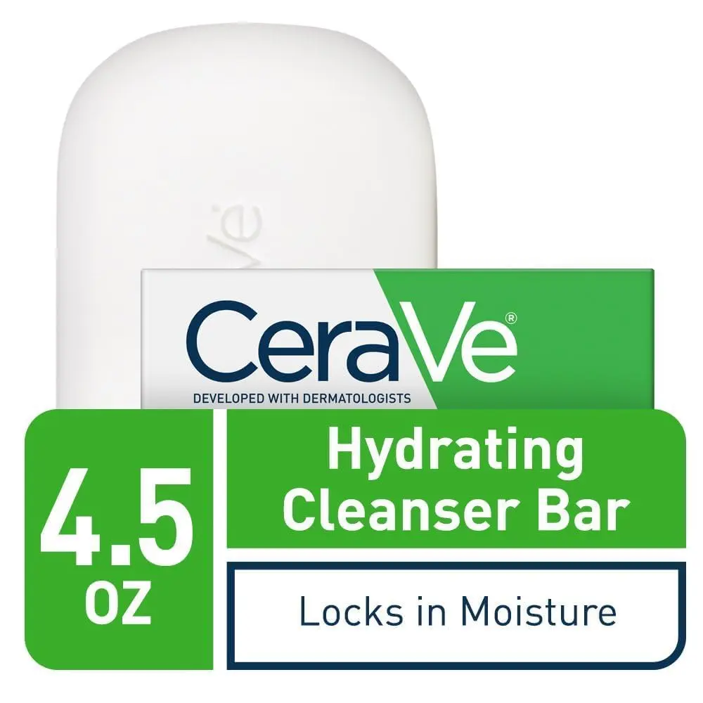 A single bar of CeraVe Hydrating Cleanser is shown, a soap-free and fragrance-free cleanser formulated with ceramides and 5% moisturizing cream to hydrate and restore the skin's natural barrier on the face, body, and hands.
