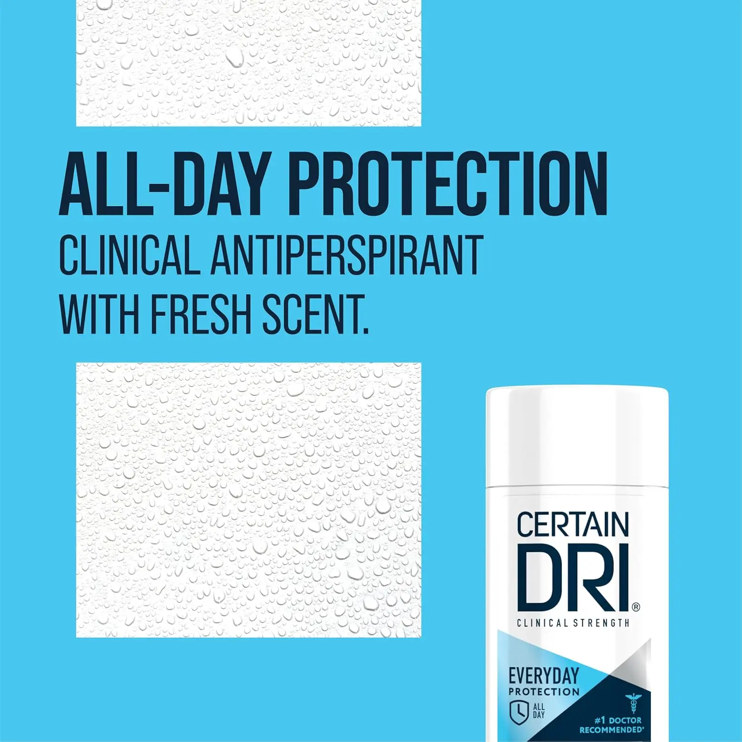 A solid Certain Dri clinical strength antiperspirant deodorant provides all-day sweat and odor protection with its 20% Aluminum Zirconium Complex formula recommended by doctors for excessive sweating.