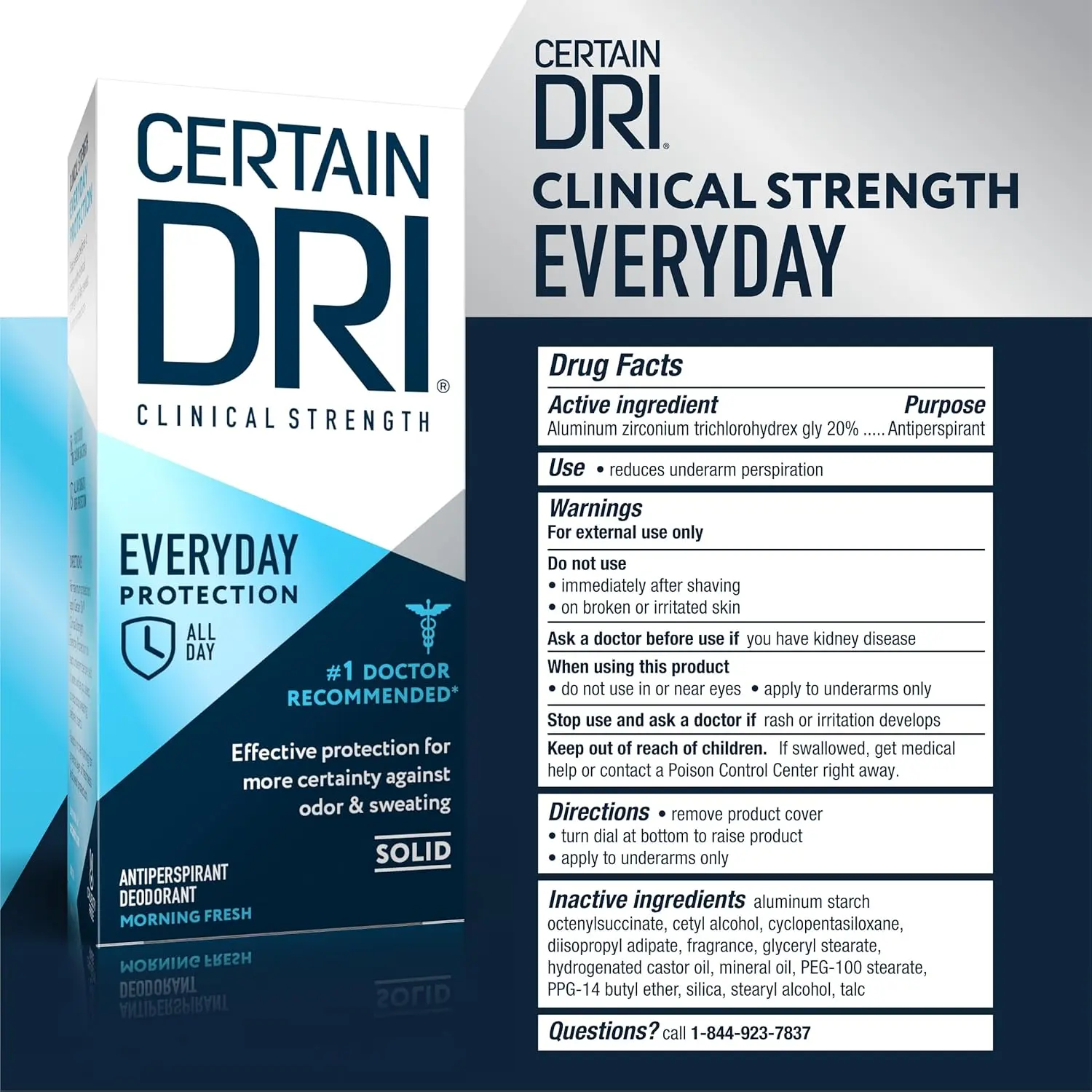 A solid Certain Dri clinical strength antiperspirant deodorant provides all-day sweat and odor protection with its 20% Aluminum Zirconium Complex formula recommended by doctors for excessive sweating.