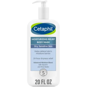 Cetaphil Moisturizing Relief Body Wash for sensitive skin gently cleanses and soothes dry skin with shea butter and avocado oil, providing 24-hour dryness relief.