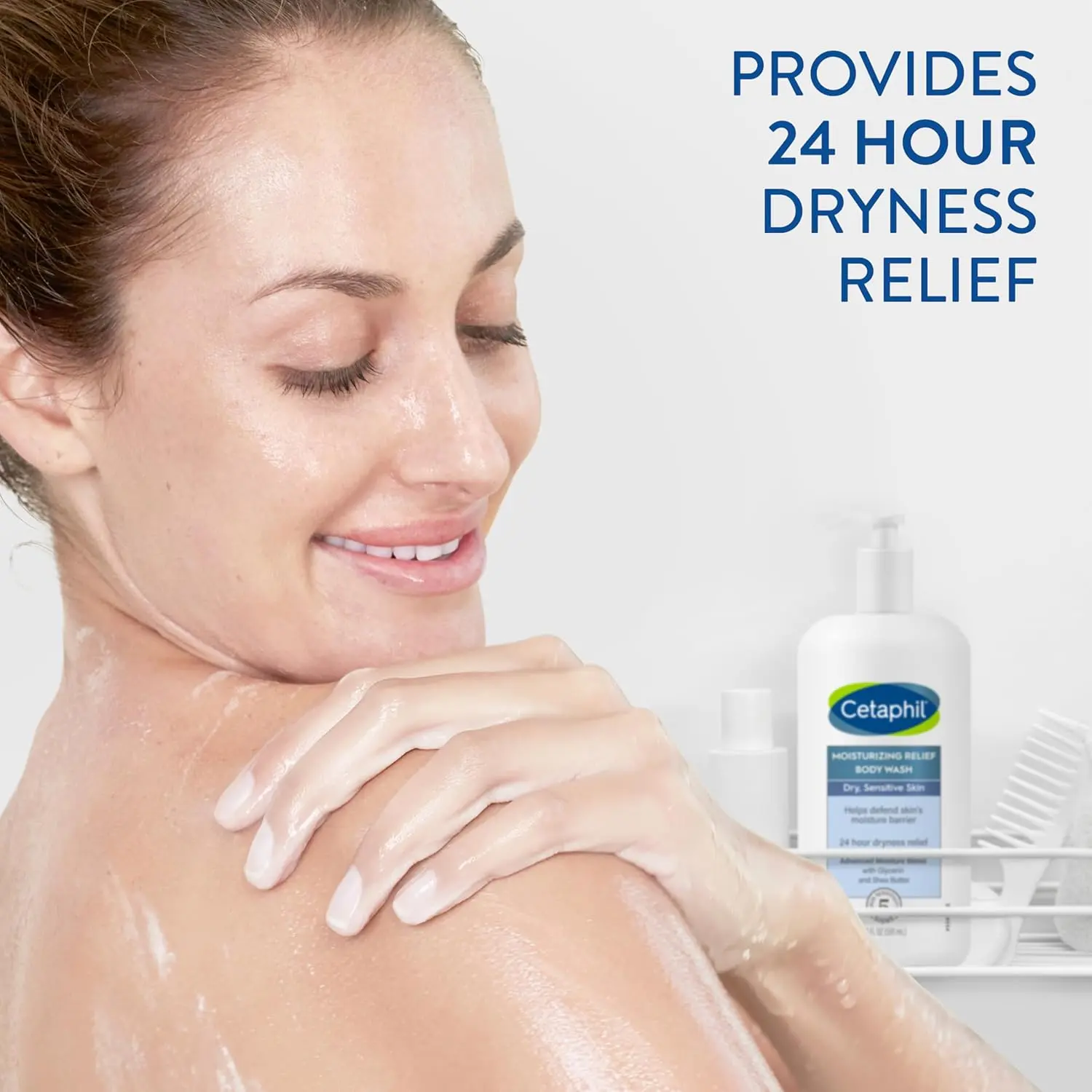 Cetaphil Moisturizing Relief Body Wash for sensitive skin gently cleanses and soothes dry skin with shea butter and avocado oil, providing 24-hour dryness relief.