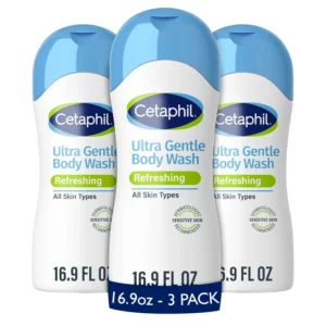 A bottle of Cetaphil Ultra Gentle Refreshing Body Wash formulated with aloe vera and vitamin B5, dermatologist tested and hypoallergenic for sensitive skin.