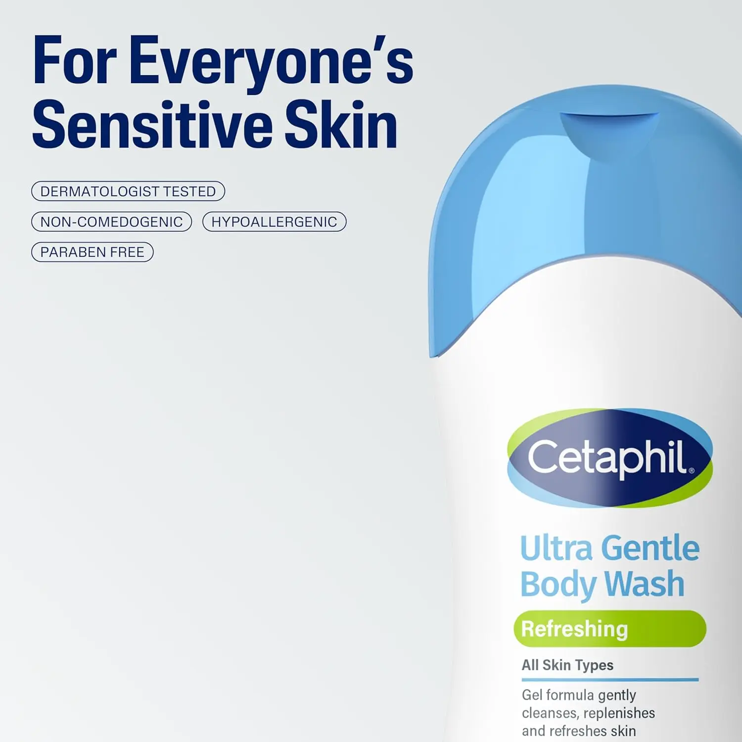 A bottle of Cetaphil Ultra Gentle Refreshing Body Wash formulated with aloe vera and vitamin B5, dermatologist tested and hypoallergenic for sensitive skin.