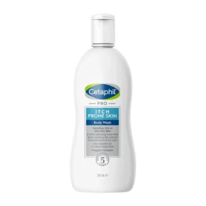 A bottle of Cetaphil PRO body wash formulated with shea butter and niacinamide to gently cleanse, moisturize, and soothe dry, itchy, and eczema-prone skin.