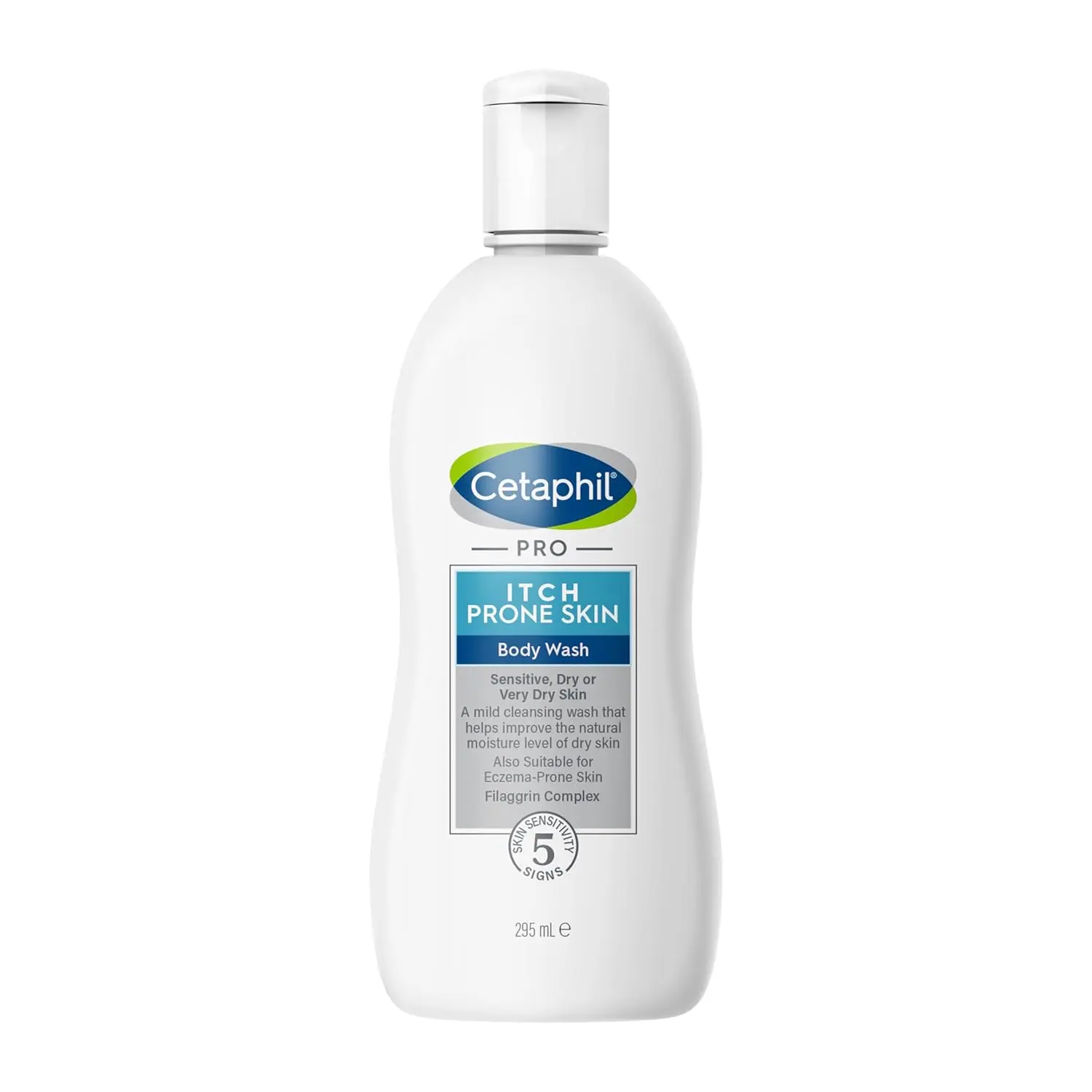 A bottle of Cetaphil PRO body wash formulated with shea butter and niacinamide to gently cleanse, moisturize, and soothe dry, itchy, and eczema-prone skin.