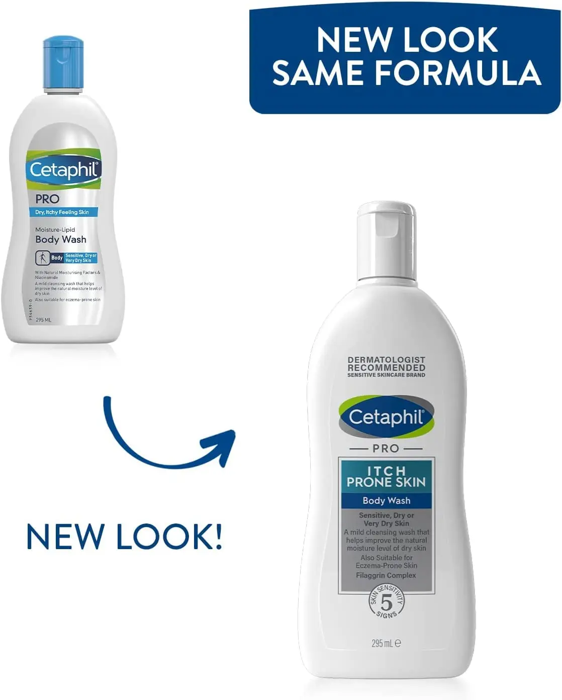 A bottle of Cetaphil PRO body wash formulated with shea butter and niacinamide to gently cleanse, moisturize, and soothe dry, itchy, and eczema-prone skin.