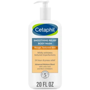 Bottle of Cetaphil Smoothing Relief Body Wash gently exfoliates and hydrates for 24-hour dryness relief, formulated for sensitive skin.