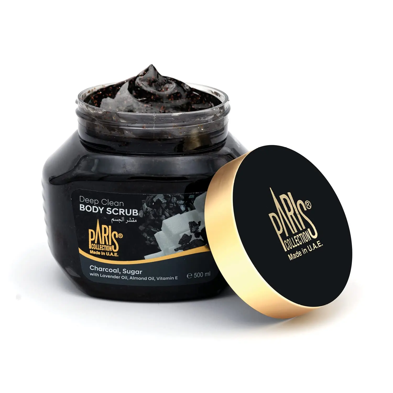Paris Collection charcoal and sugar body scrub gently exfoliates to remove dead skin cells, dirt, and impurities, leaving skin smooth and radiant.