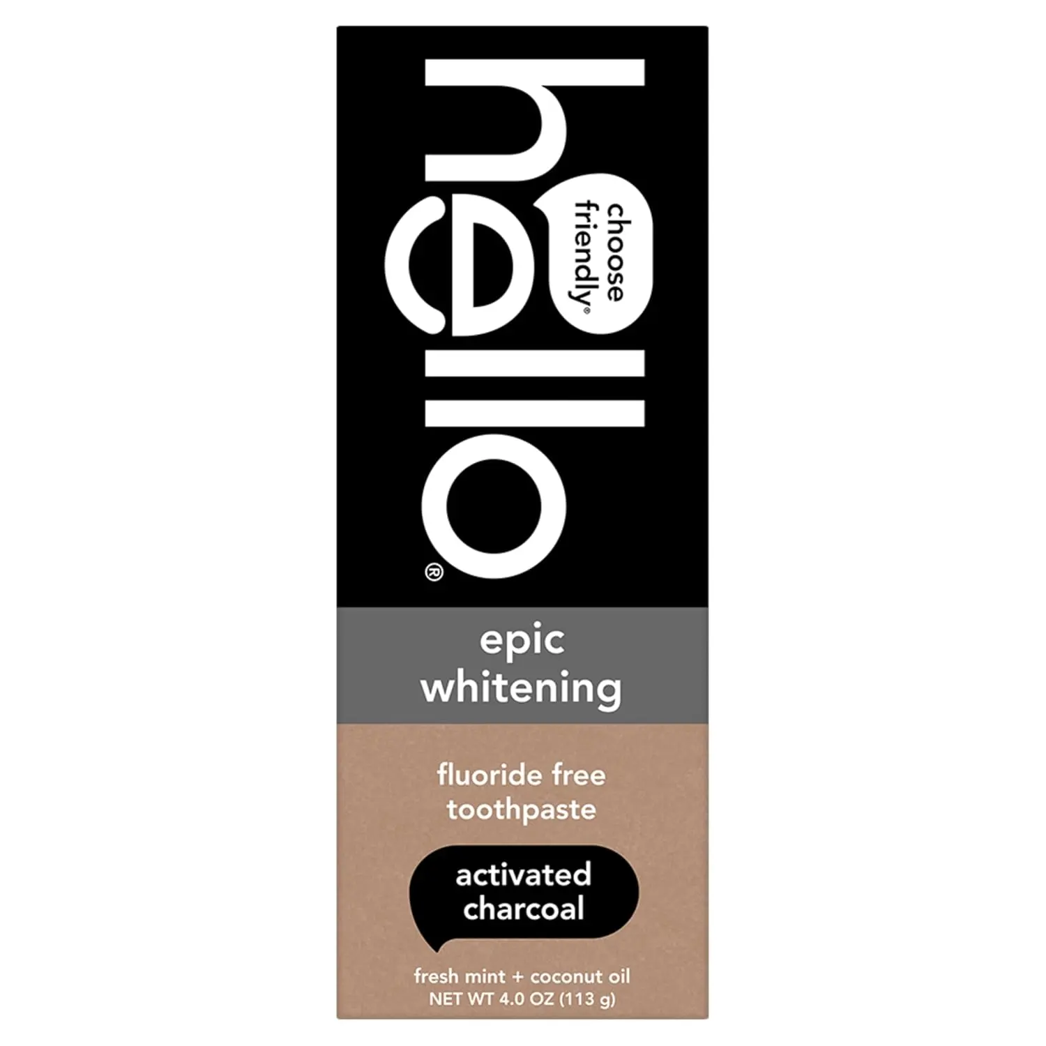 A tube of hello Epic Whitening Charcoal Toothpaste with fresh mint flavor, featuring activated charcoal and coconut oil for natural teeth whitening and plaque removal.