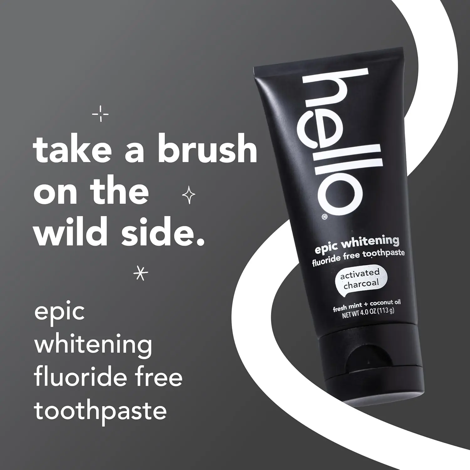 A tube of hello Epic Whitening Charcoal Toothpaste with fresh mint flavor, featuring activated charcoal and coconut oil for natural teeth whitening and plaque removal.