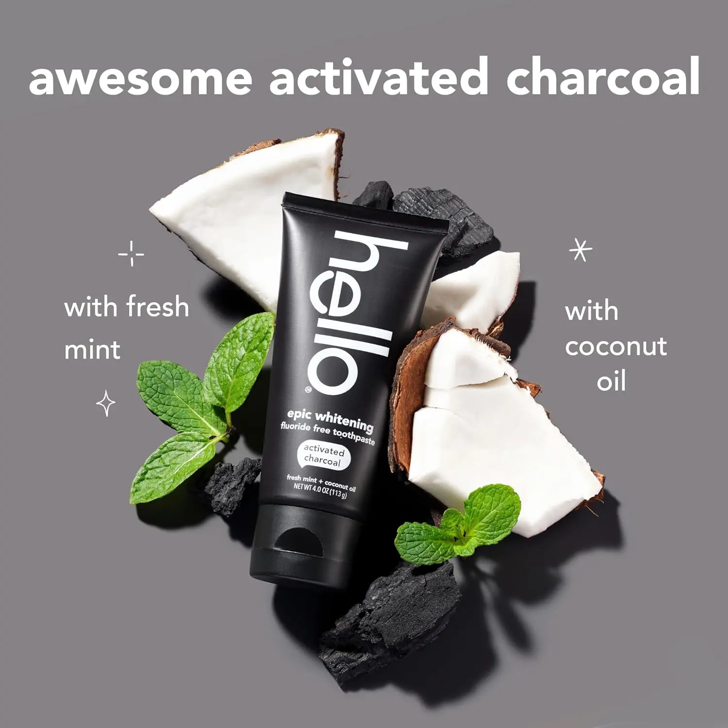 A tube of hello Epic Whitening Charcoal Toothpaste with fresh mint flavor, featuring activated charcoal and coconut oil for natural teeth whitening and plaque removal.