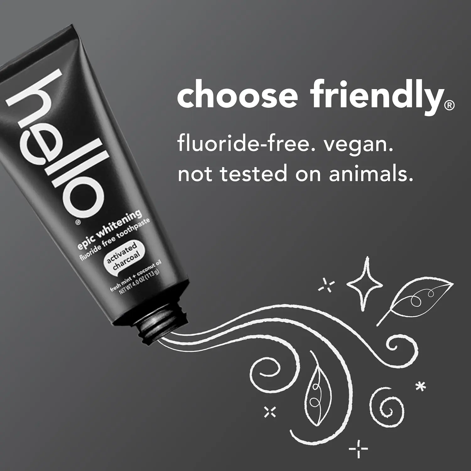 A tube of hello Epic Whitening Charcoal Toothpaste with fresh mint flavor, featuring activated charcoal and coconut oil for natural teeth whitening and plaque removal.