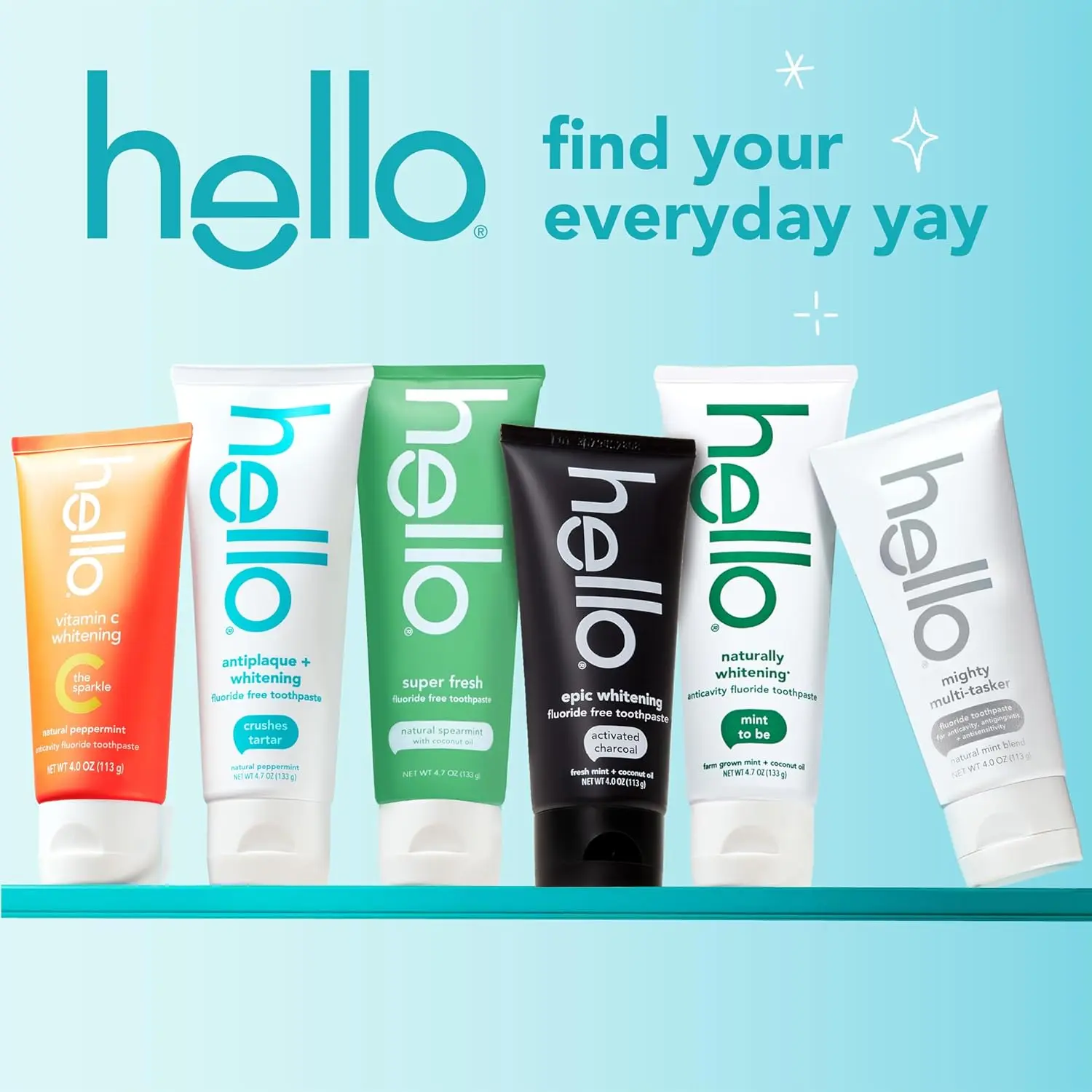A tube of hello Epic Whitening Charcoal Toothpaste with fresh mint flavor, featuring activated charcoal and coconut oil for natural teeth whitening and plaque removal.