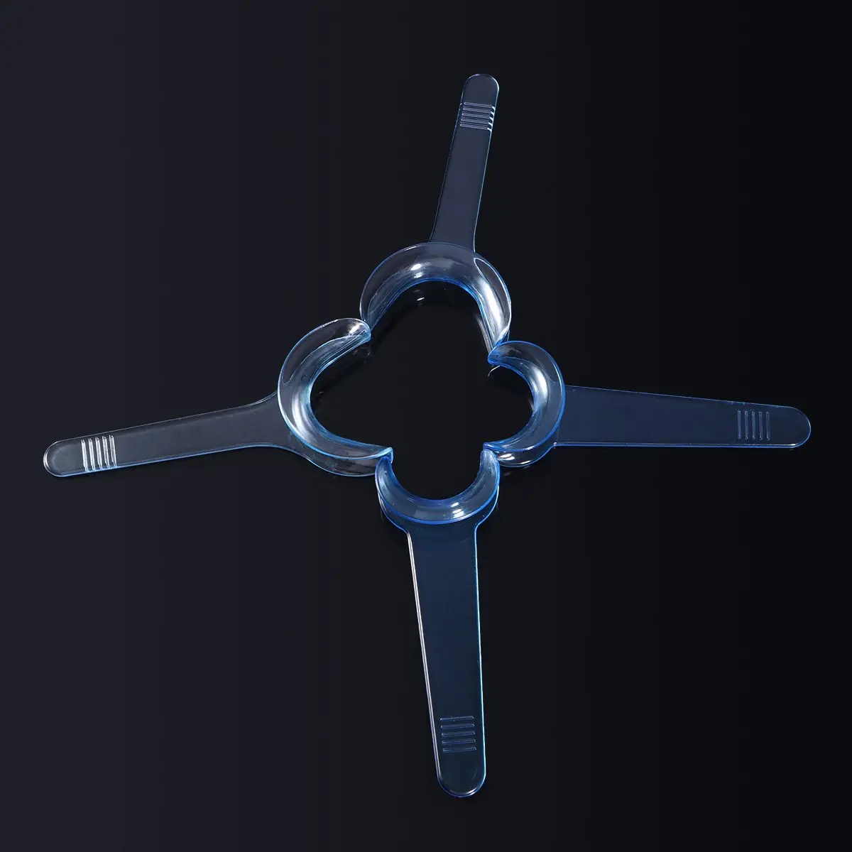 Eight blue T-shaped plastic cheek retractors and mouth openers for clear teeth whitening in dental and orthodontic practices, designed for sterilization and extended use.