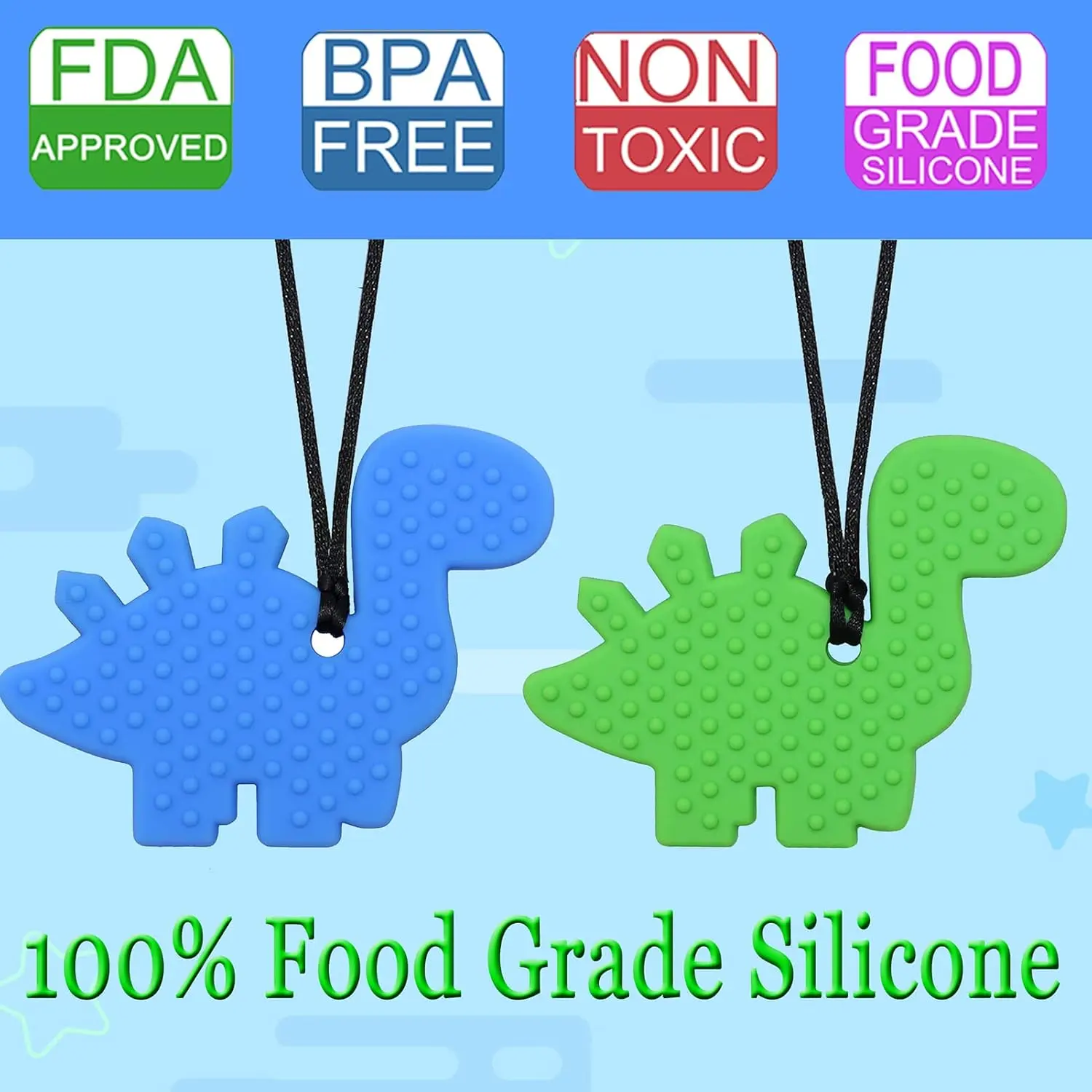 A green dinosaur chew necklace provides a safe and discreet sensory outlet for kids with ADHD, autism, or sensory processing disorder, offering a durable and textured surface for teething and oral motor needs.