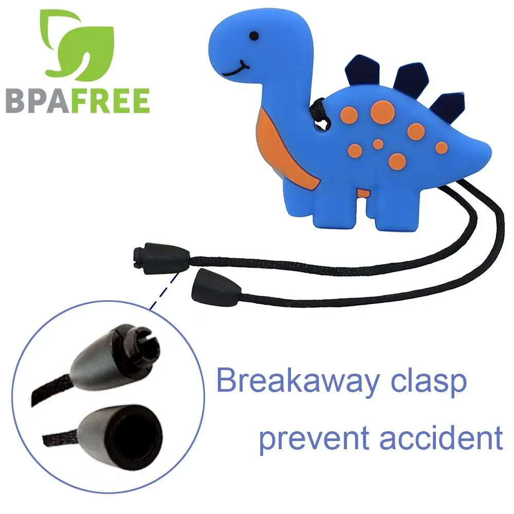 A green dinosaur chew necklace provides a safe and discreet sensory outlet for kids with ADHD, autism, or sensory processing disorder, offering a durable and textured surface for teething and oral motor needs.