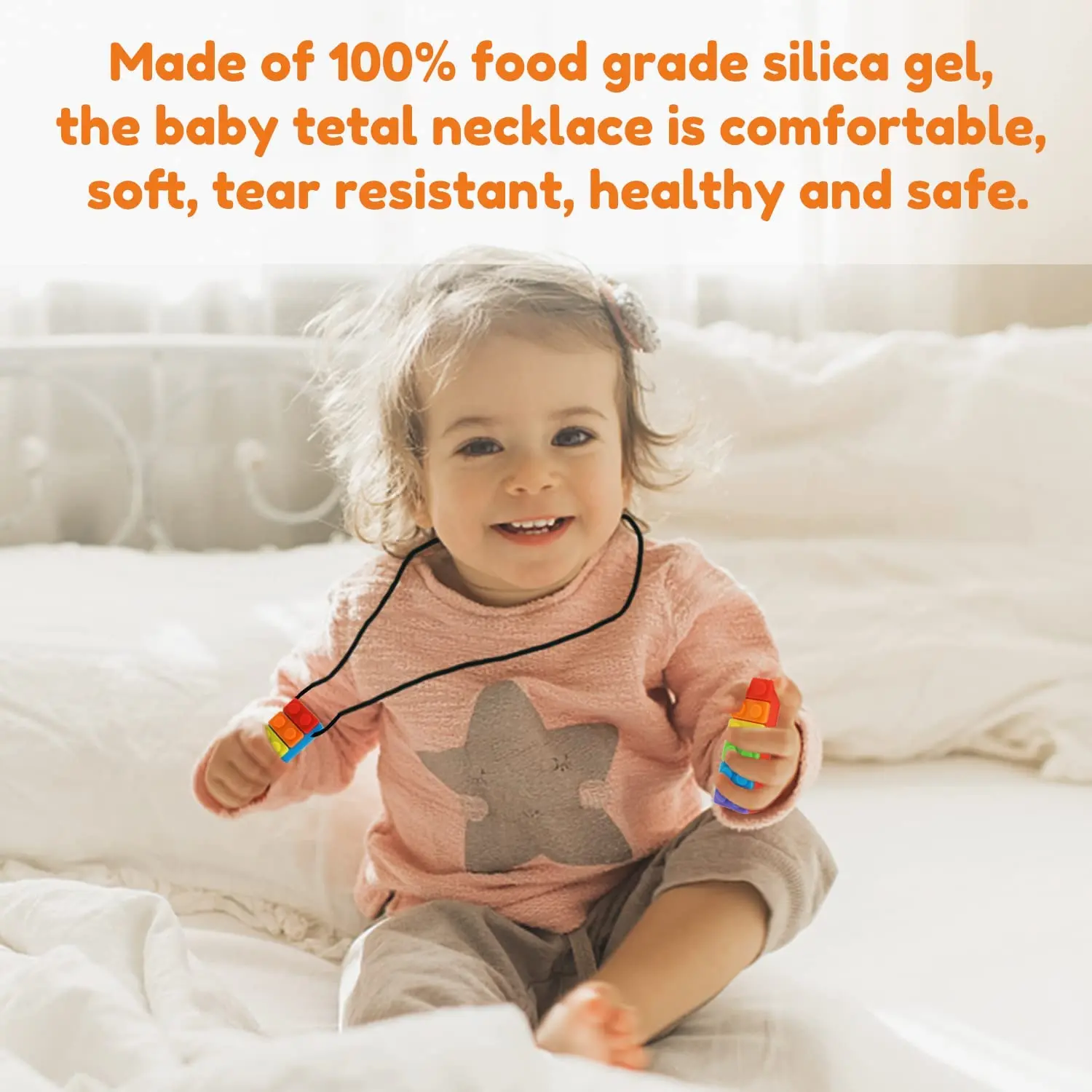 Calming silicone chew necklace for kids with autism, ADHD, and sensory needs, designed to reduce anxiety and prevent chewing on clothes or nails.