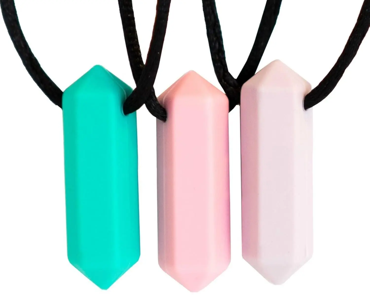 This set of three sensory chew necklaces provides a safe and calming chewing outlet for kids and adults with anxiety, autism, or ADHD.