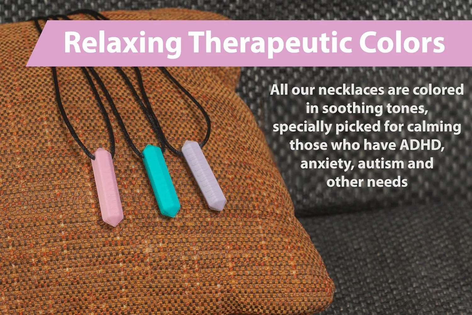 This set of three sensory chew necklaces provides a safe and calming chewing outlet for kids and adults with anxiety, autism, or ADHD.