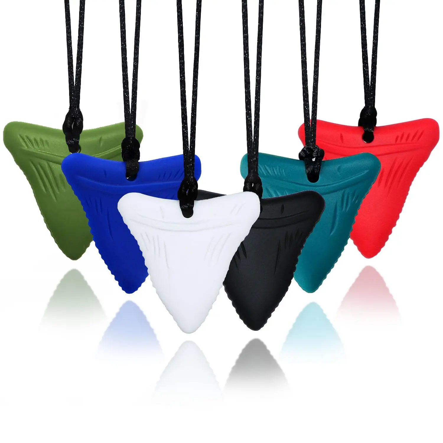 This 3 pack of shark tooth chew necklaces are made of safe, food-grade silicone, designed to help children with autism, ADHD, or sensory needs by providing a safe alternative to chewing on fingers and clothing.