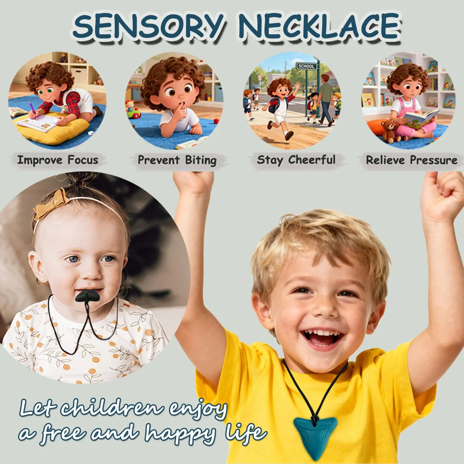 This 3 pack of shark tooth chew necklaces are made of safe, food-grade silicone, designed to help children with autism, ADHD, or sensory needs by providing a safe alternative to chewing on fingers and clothing.